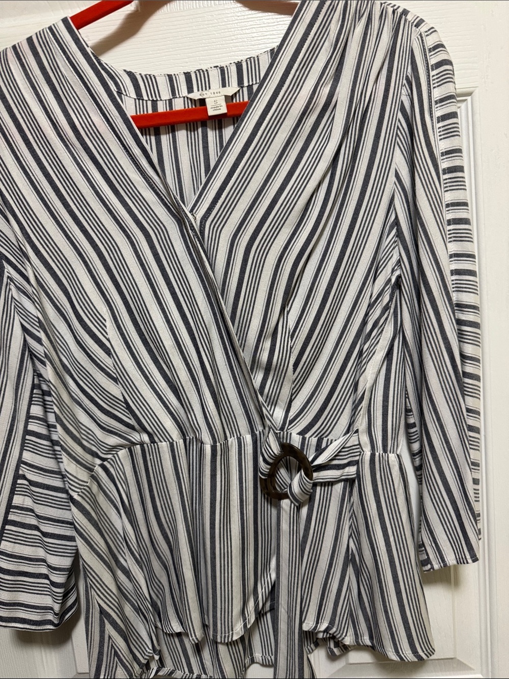 Striped Wrap Peplum Blouse - Navy & White